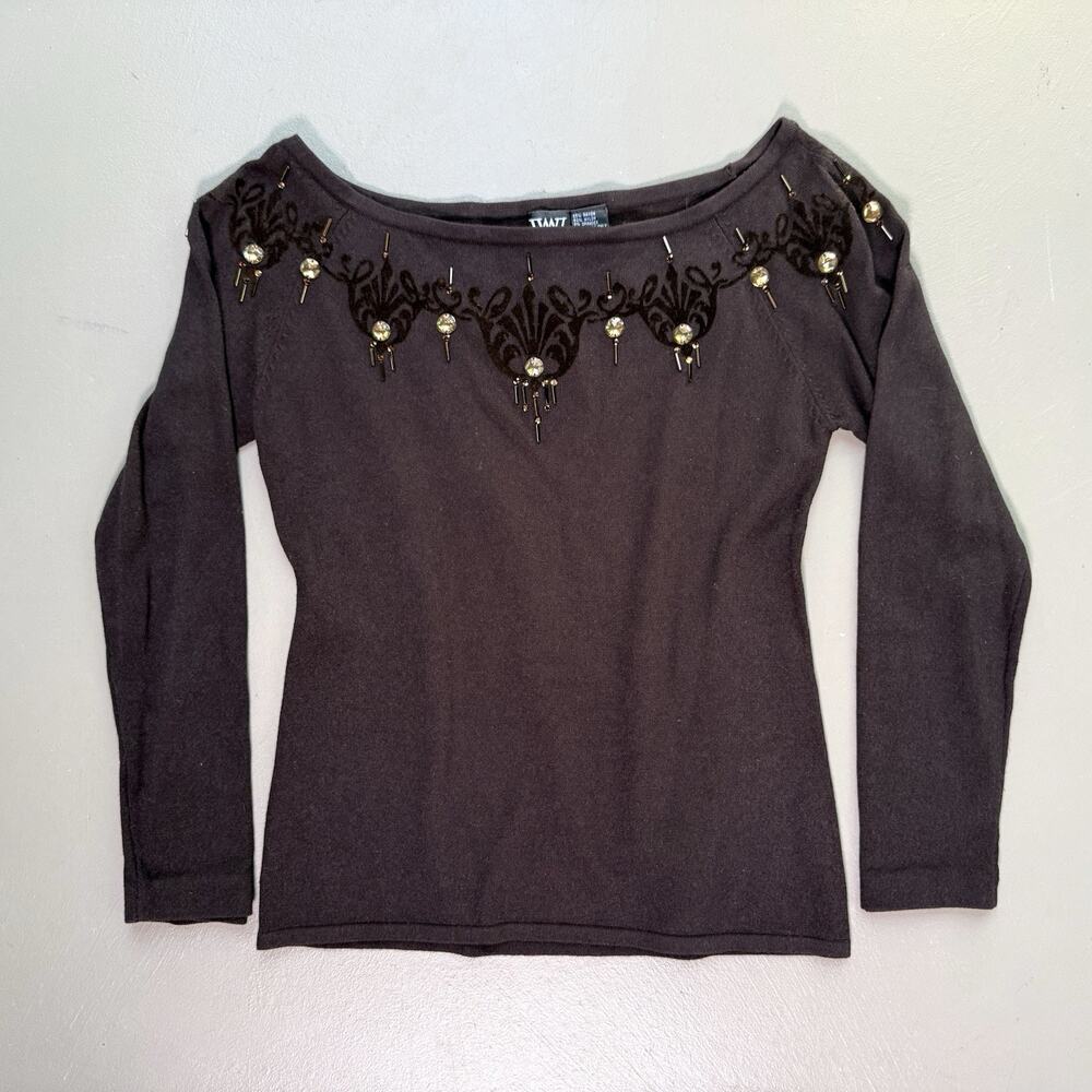 Worth Embellished Sweater MEDIUM Dark Brown Goth Velvet Beaded Holiday Party Y2K